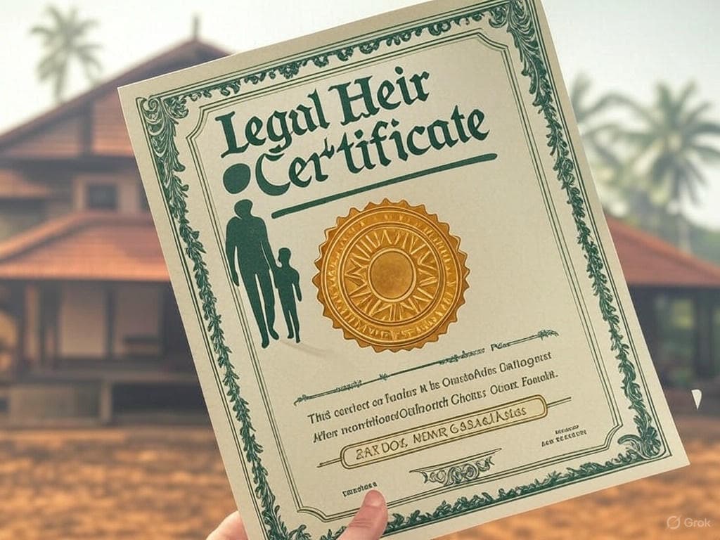 Legal Heir Certificate document with Kerala house, symbolizing property succession